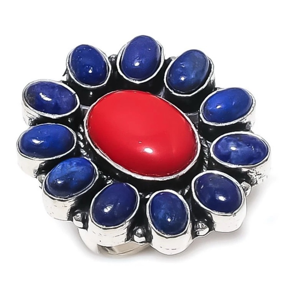 Size 8 Lapis Lazuli and Coral Cluster 925 Sterling Silver Overlay Ring